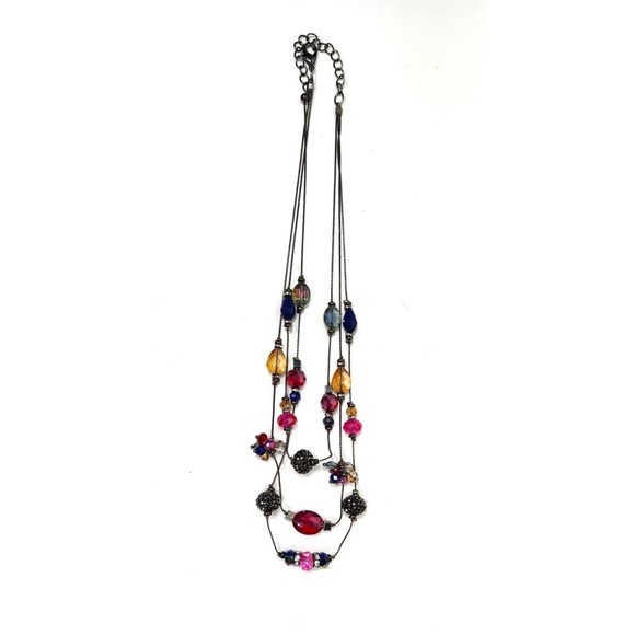 Triple Strand Bling Bead Necklace Black Chain Assorted Glass Bead Stations 20 in - Picture 4 of 7